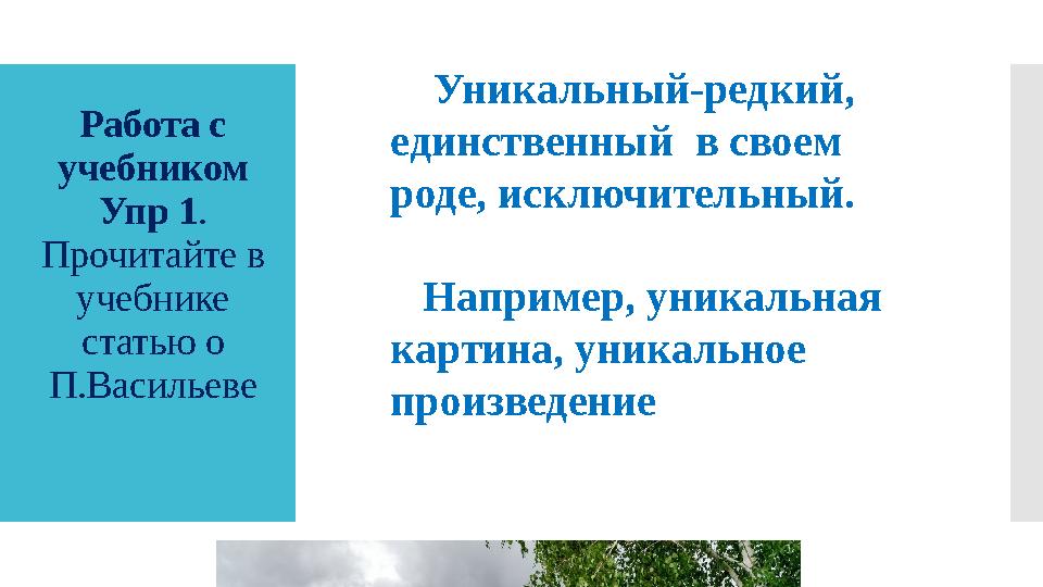 Работа с учебником Упр 1. Прочитайте в учебнике статью о П.Васильеве Уникальный-редкий, единственный в своем род