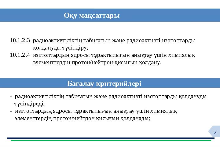 2 10.1.2.3 радиоактивтіліктің табиғатын және радиоактивті изотоптарды қолдануды түсіндіру; 10.1.2.4 изотоптарды