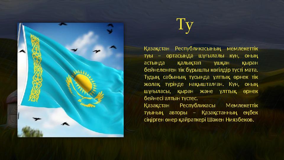 Ту Қазақстан Республикасының мемлекеттік туы – ортасында шұғылалы күн, оның астында қалықтап ұшқан қыран бейнеленген тік бұр