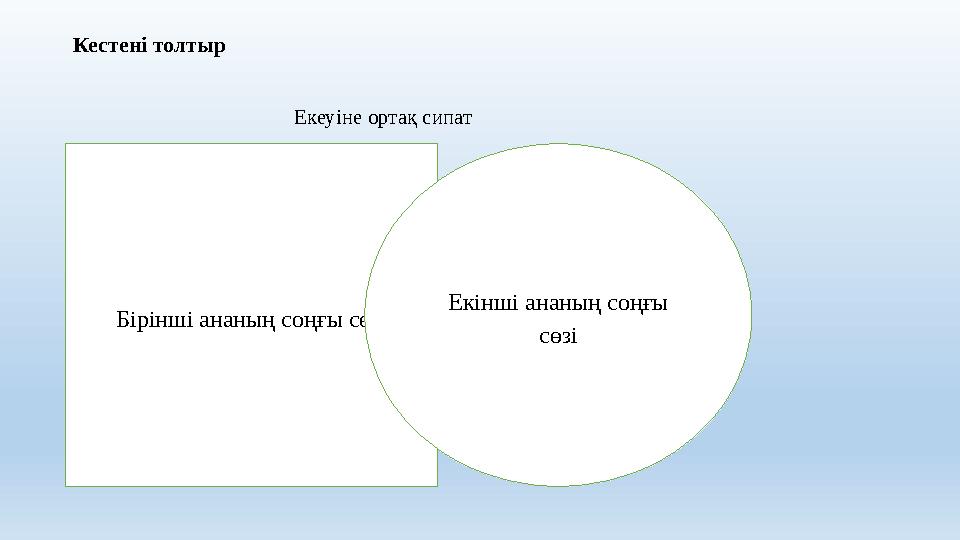 Кестені толтыр Екеуіне ортақ сипат Бірінші ананың соңғы сөзі Екінші ананың соңғы сөзі