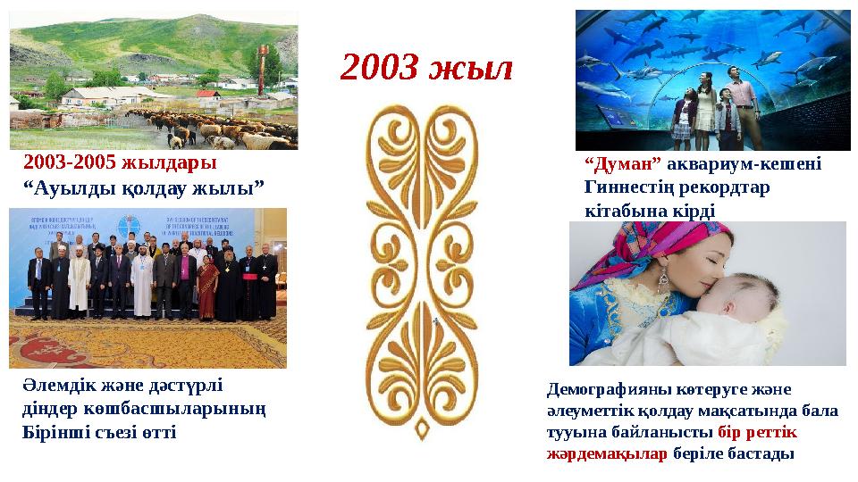 2003 жыл 2003-2005 жылдары “Ауылды қолдау жылы” “Думан” аквариум-кешені Гиннестің рекордтар кітабына кірді Әлемдік және дәст