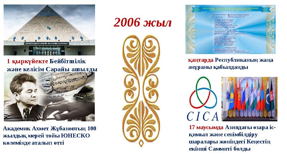 2006 жыл 1 қыркүйекте Бейбітшілік және келісім Сарайы ашылды қаңтарда Республиканың жаңа әнұраны қабылданды 17 маусымда Азияд