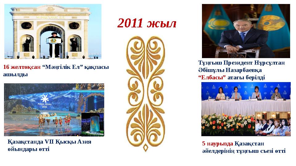 2011 жыл 16 желтоқсан “Мәңгілік Ел” қақпасы ашылды 5 наурызда Қазақстан әйелдерінің тұңғыш съезі өтті Тұңғыш Президент Нұрсұл