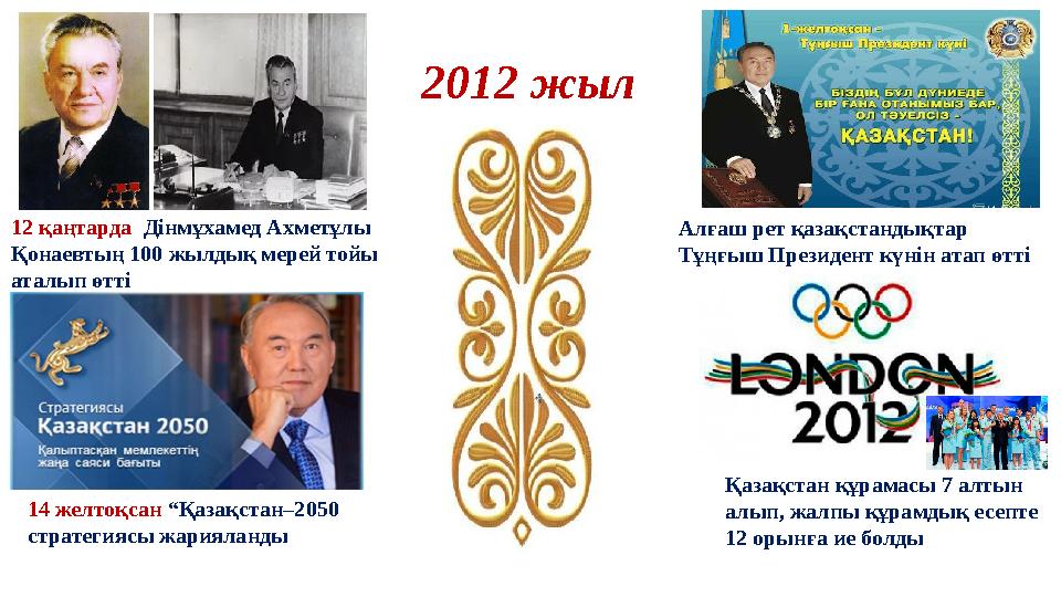 2012 жыл 12 қаңтарда Дінмұхамед Ахметұлы Қонаевтың 100 жылдық мерей тойы аталып өтті Қазақстан құрамасы 7 алтын алып, жалпы