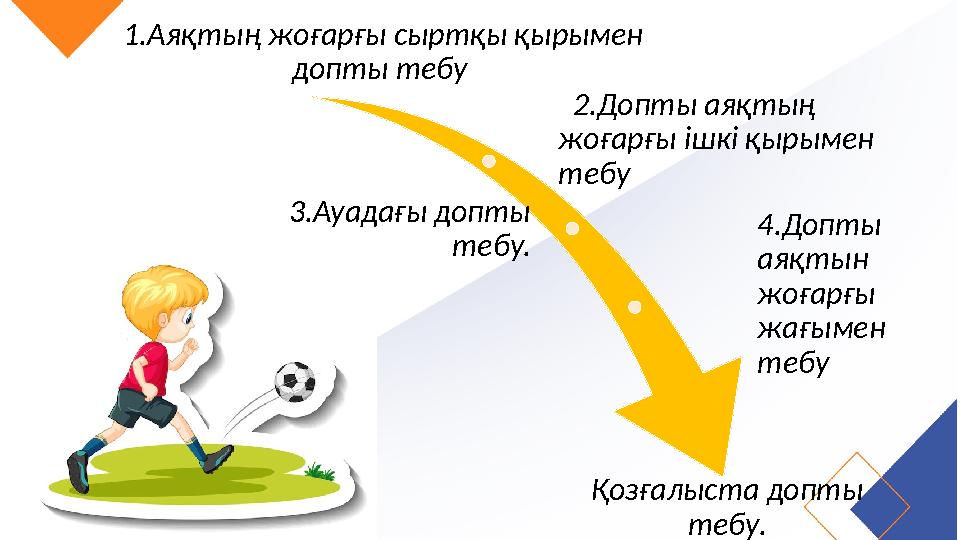 1.Аяқтың жоғарғы сыртқы қырымен допты тебу 2.Допты аяқтың жоғарғы ішкі қырымен тебу 3.Ауадағы допты тебу. 4.Допты аяқтын 1.Аяқтың жоғарғы сыртқы қырымен допты тебу 2.Допты аяқтың жоғарғы ішкі қырымен тебу 3.Ауадағы допты тебу. 4.Допты аяқтын