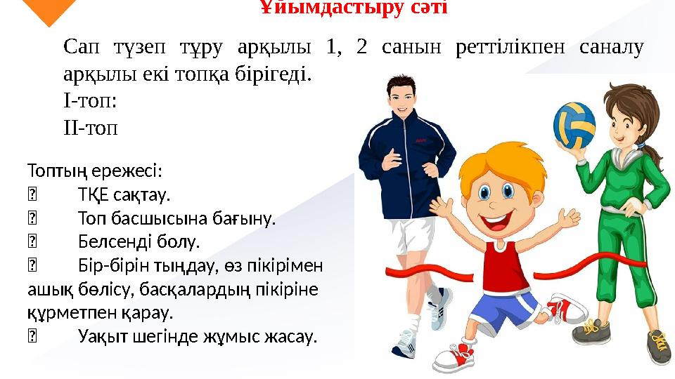 Ұйымдастыру сәті Сап түзеп тұру арқылы 1, 2 санын реттілікпен саналу арқылы екі топқа бірігеді. І-топ: ІІ-топ Топтың ережесі: Ұйымдастыру сәті Сап түзеп тұру арқылы 1, 2 санын реттілікпен саналу арқылы екі топқа бірігеді. І-топ: ІІ-топ Топтың ережесі:
