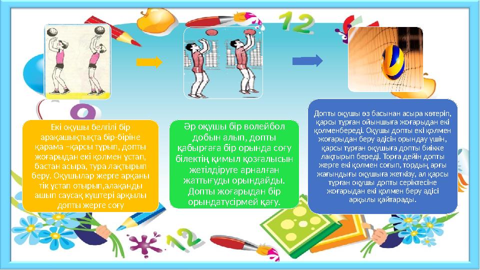 Екі оқушы белгілі бір арақашықтықта бір-біріне қарама –қарсы тұрып, допты жоғарыдан екі қолмен ұстап, бастан асыра, тура лақ Екі оқушы белгілі бір арақашықтықта бір-біріне қарама –қарсы тұрып, допты жоғарыдан екі қолмен ұстап, бастан асыра, тура лақ