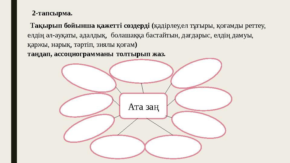 Ата заң 2-тапсырма. Тақырып бойынша қажетті сөздерді (қадірлеу,ел тұғыры, қоғамды реттеу, елдің әл-ауқаты, адалдық,
