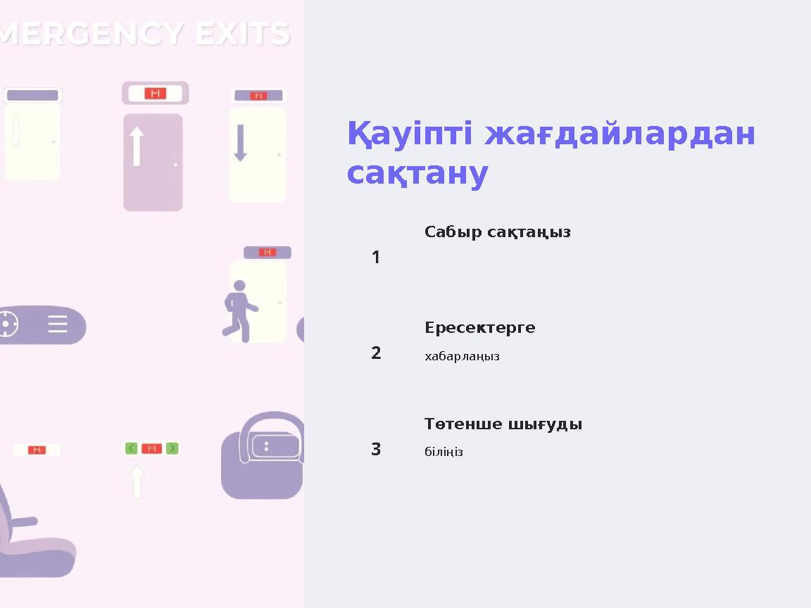 Қауіпті жағдайлардан сақтану Сабыр сақтаңыз Ересектерге хабарлаңыз Төтенше шығуды біліңіз