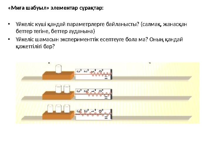 «Миға шабуыл» элементар сұрақтар: •Үйкеліс күші қандай параметрлерге байланысты? (салмақ, жанасқан беттер тегіне, беттер ауданы