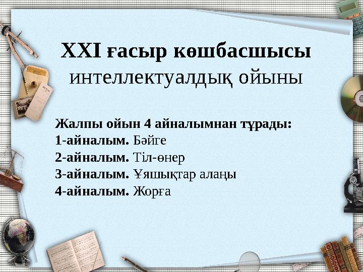 XXI ғасыр көшбасшысы интеллектуалдық ойыны Жалпы ойын 4 айналымнан тұрады: 1-айналым. Бәйге 2-айналым. Тіл-өнер 3-айналым. Ұяшы