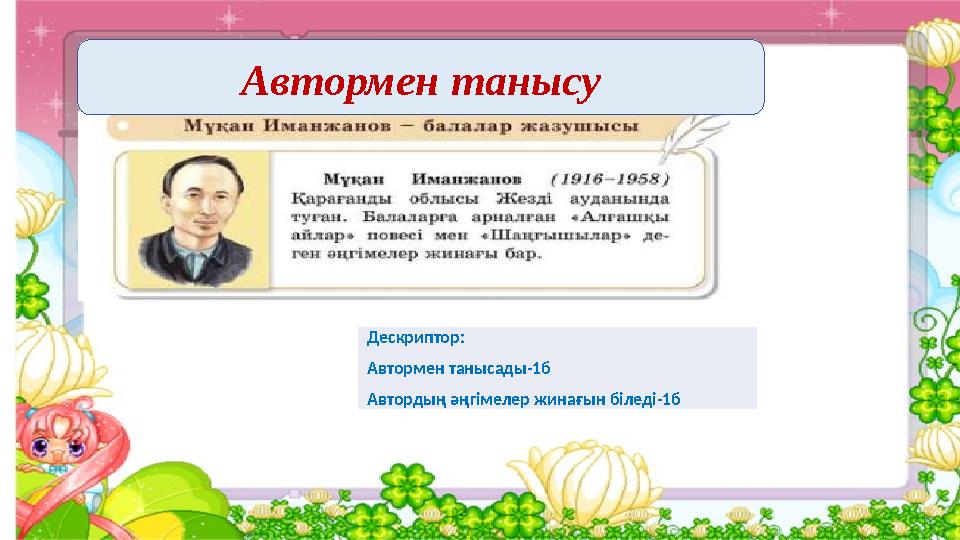 Дескриптор: Автормен танысады-1б Автордың әңгімелер жинағын біледі-1б Автормен танысу