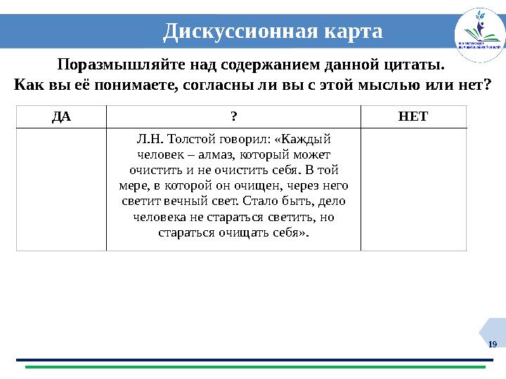 19 Дискуссионная карта ДА ? НЕТ Л.Н. Толстой говорил: «Каждый человек – алмаз, который может очистить и не очистить себя.