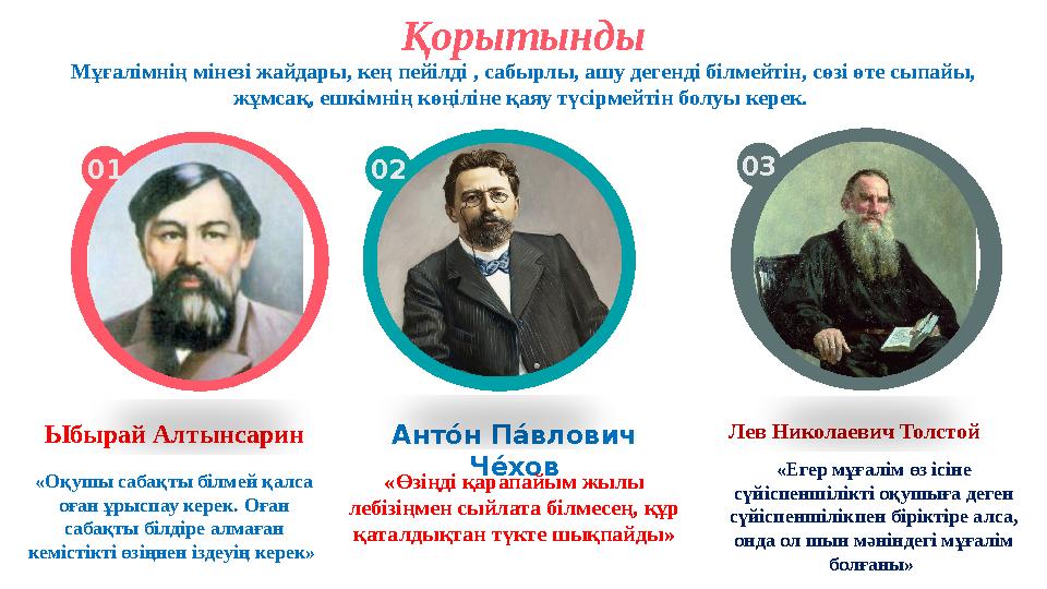 Қорытынды 01 02 03 Ант о́н Па́влович Ч е́хов «Өзіңді қарапайым жылы лебізіңмен сыйлата білмесең, құр қаталдықтан түкте шықпай