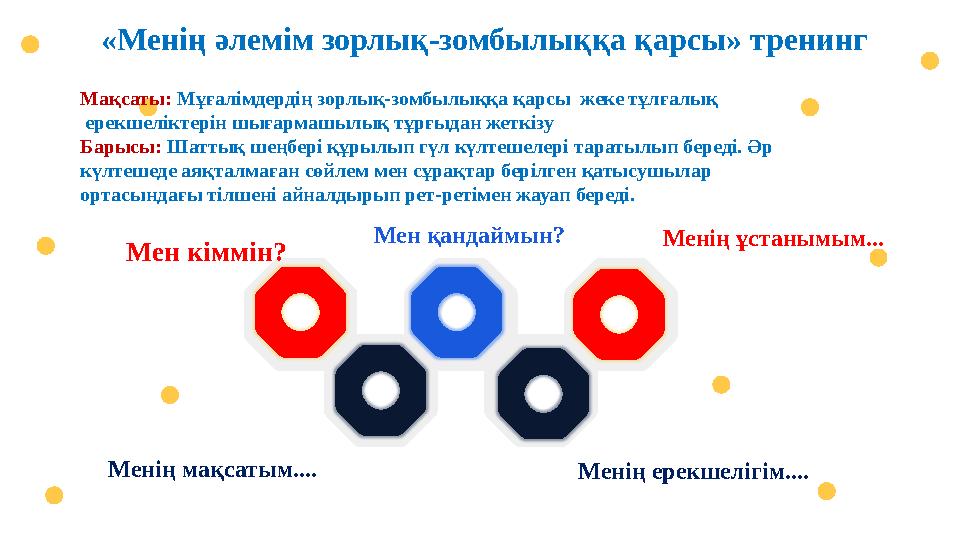 Мен кіммін? Мен қандаймын? Менің ұстанымым... «Менің әлемім зорлық-зомбылыққа қарсы» тренинг Менің мақсатым.... Менің ерекшелігі