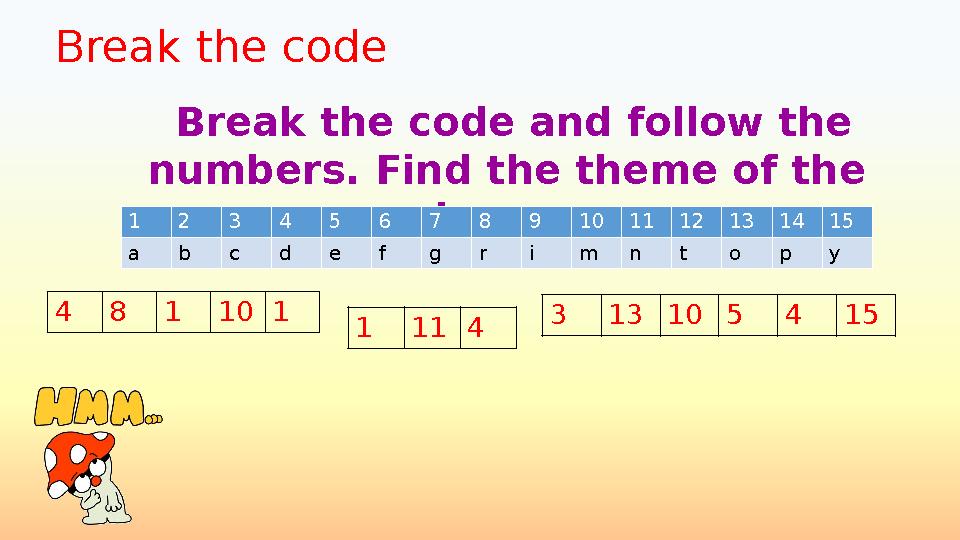 Break the code Break the code and follow the numbers. Find the theme of the lesson1 2 3 4 5 6 7 8 9 101112131415 a b c d e f