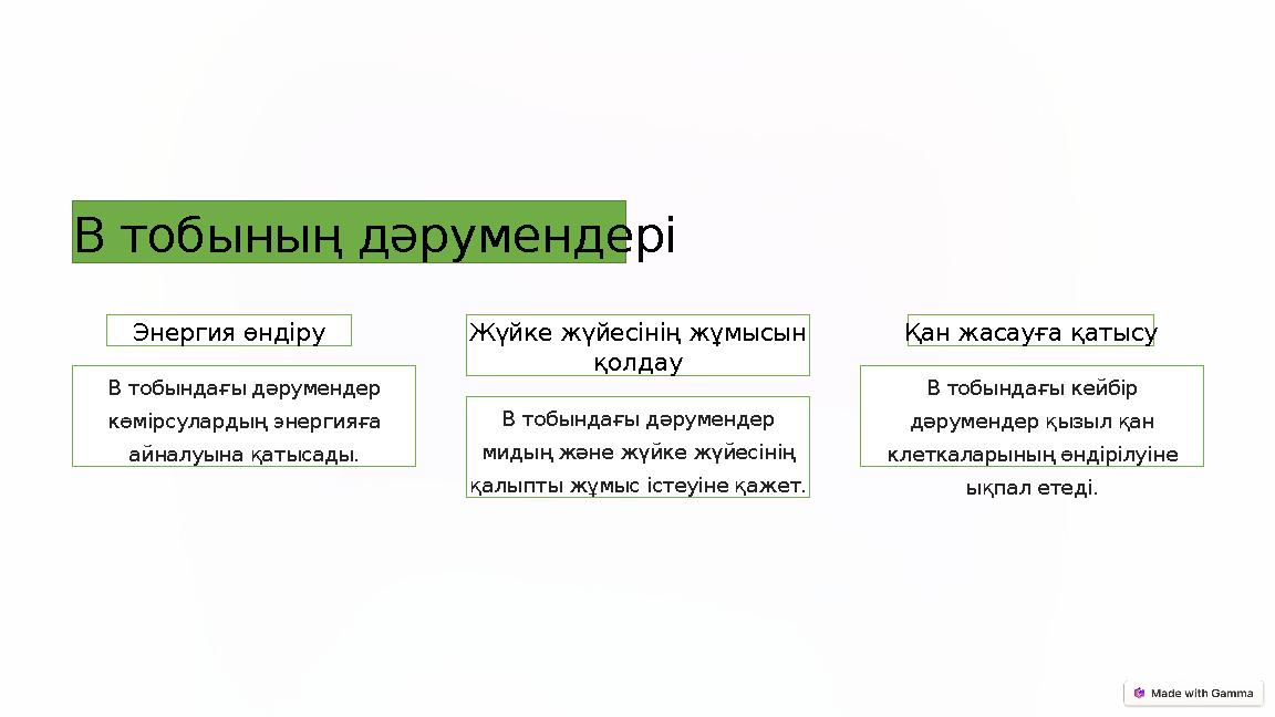 В тобының дәрумендері Энергия өндіру В тобындағы дәрумендер көмірсулардың энергияға айналуына қатысады. Жүйке жүйесінің жұмыс