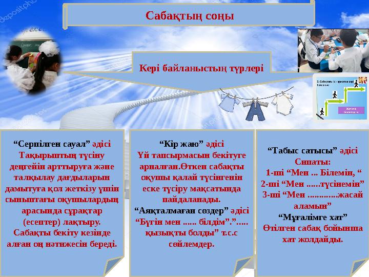 Сабақтың соңы “Серпілген сауал” әдісі Тақырыптың түсіну деңгейін арттыруға және талқылау дағдыларын дамытуға қол жеткізу үшін