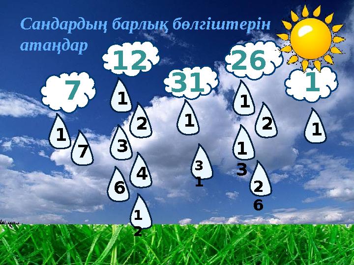 1 1 1 1 1 7 2 3 4 6 1 2 1 3 2 3 1 2 6 7 12 31 26 1 Сандардың барлық бөлгіштерін атаңдар