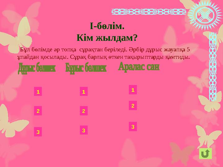 1 2 3 1 2 3 1 2 3 І-бөлім. Кім жылдам? Бұл бөлімде әр то