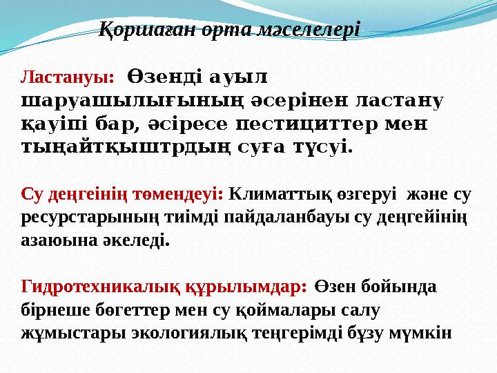 Қоршаған орта мәселелері Ластануы: Өзенді ауыл шаруашылығының әсерінен ластану қауіпі бар, әсіресе пестициттер ме
