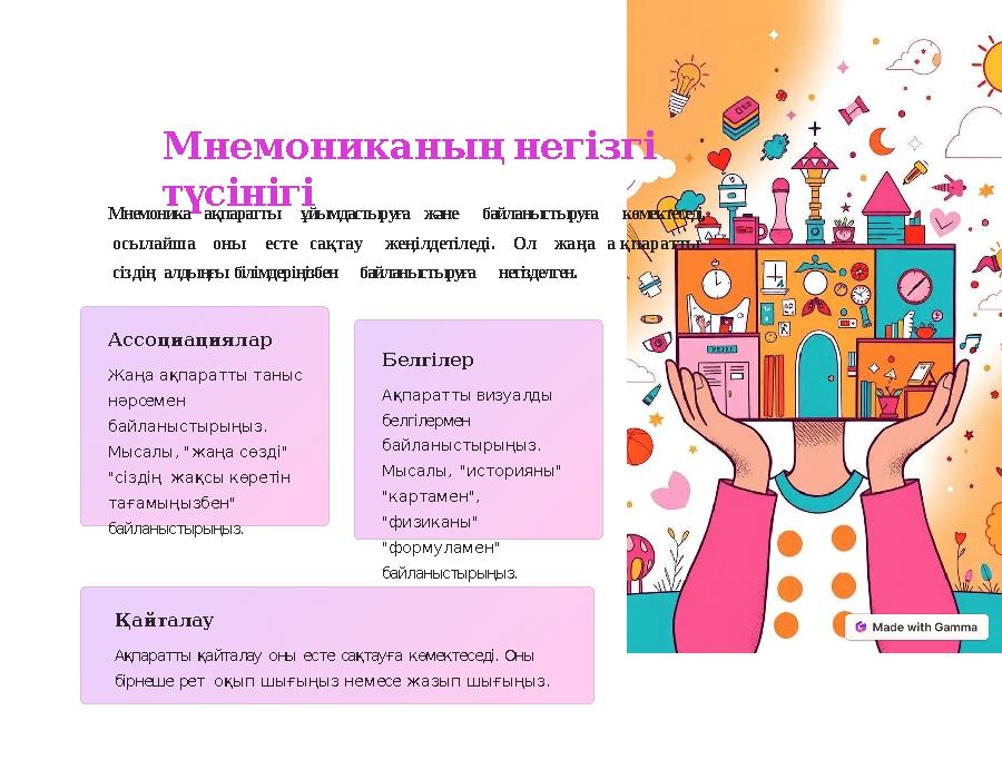 Мнемониканың негізгі түсінігі Мнемоника ақпаратты ұйымдастыруға және байланыстыруға көмектеседі