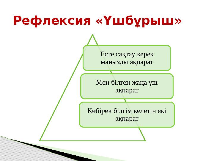 Есте сақтау керек маңызды ақпарат Мен білген жаңа үш ақпарат Көбірек білгім келетін екі ақпарат Рефлексия «Үшбұрыш»