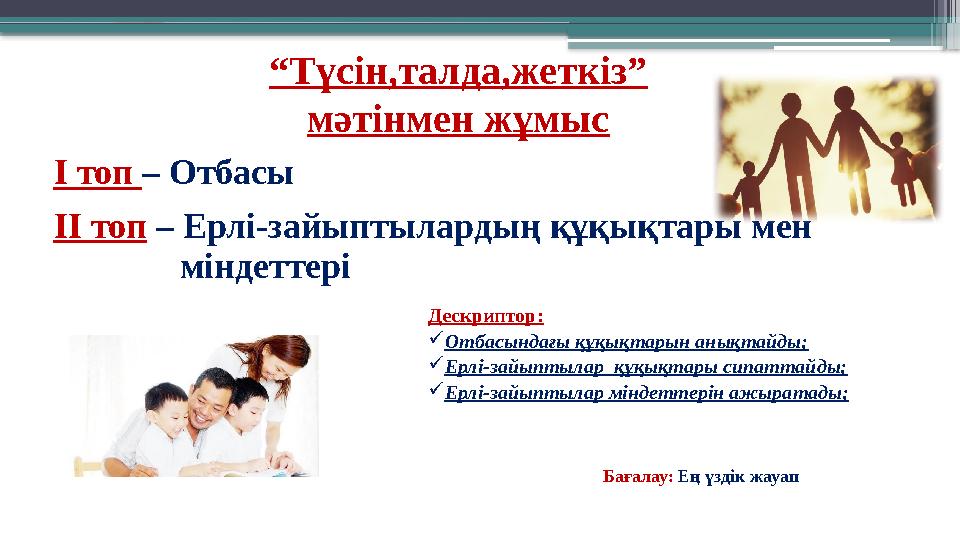 “Түсін,талда,жеткіз” мәтінмен жұмыс I топ – Отбасы II топ – Ерлі-зайыптылардың құқықтары мен