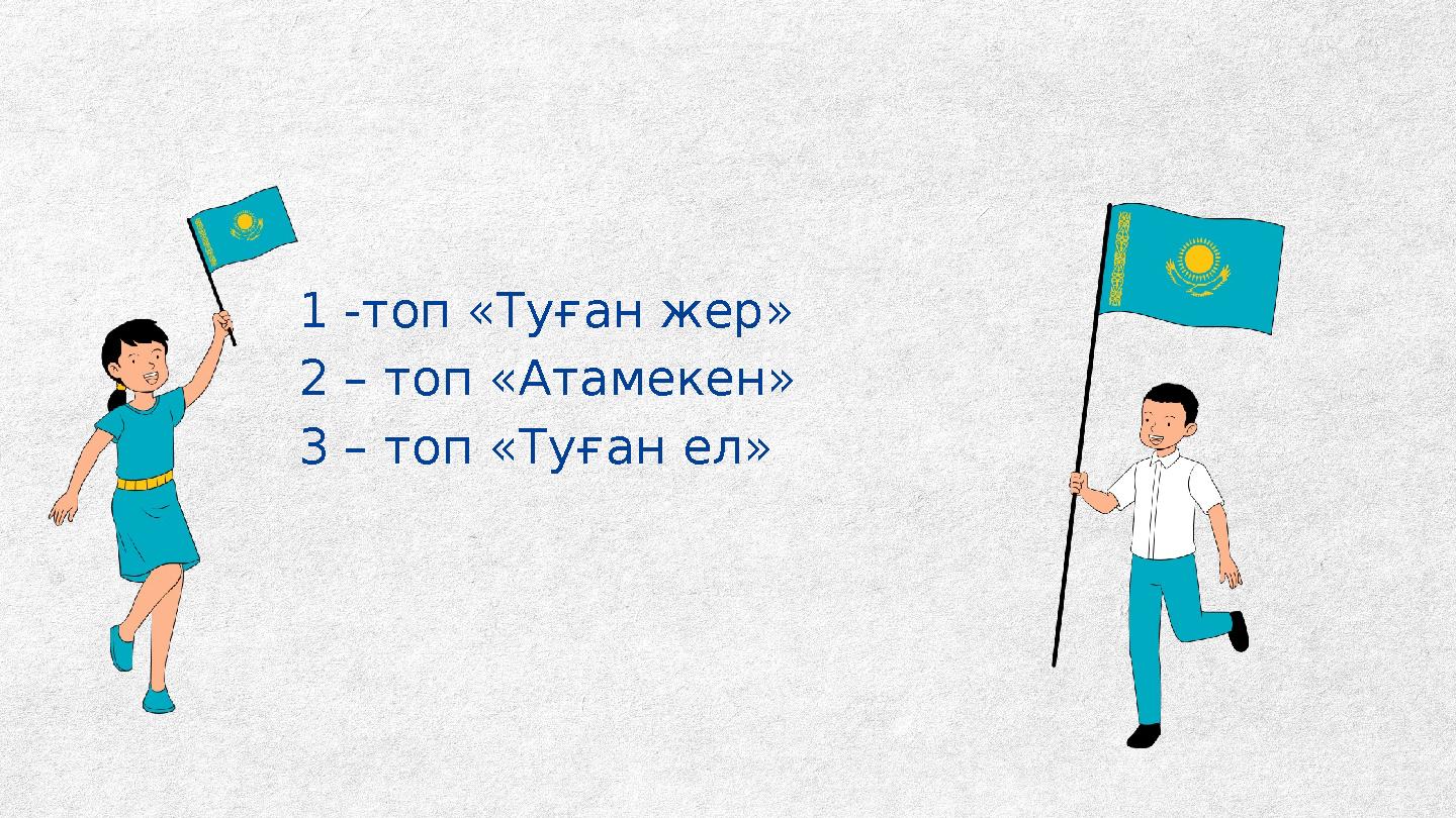 1 -топ «Туған жер» 2 – топ «Атамекен» 3 – топ «Туған ел»