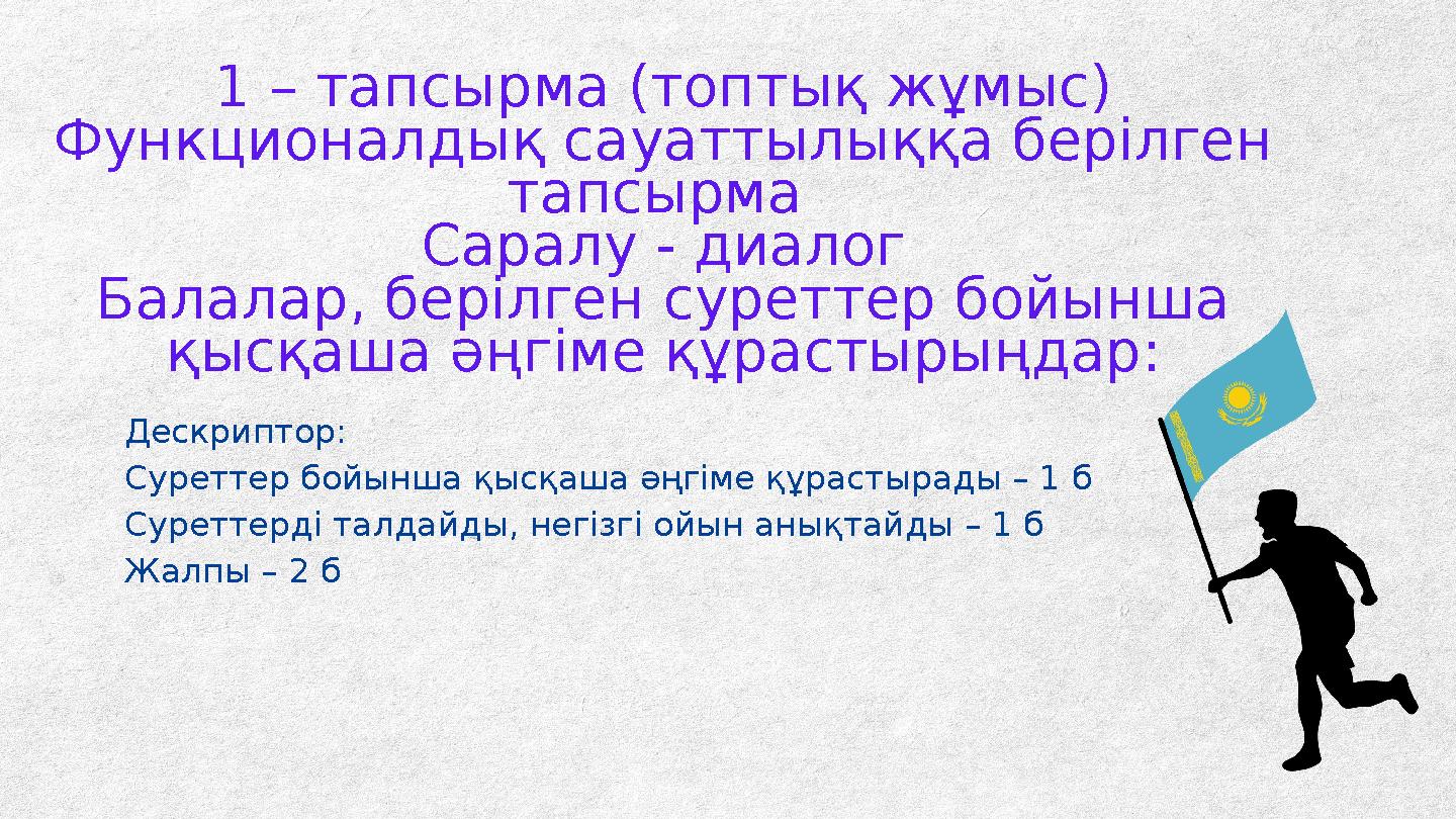 1 – тапсырма (топтық жұмыс) Функционалдық сауаттылыққа берілген тапсырма Саралу - диалог Балалар, берілген суреттер бойынша қ