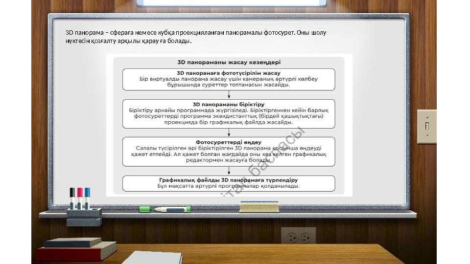 3D панорама – сфераға немесе кубқа проекцияланған панорамалы фотосурет. Оны шолу нүктесін қозғалту арқылы қарау ға болады.
