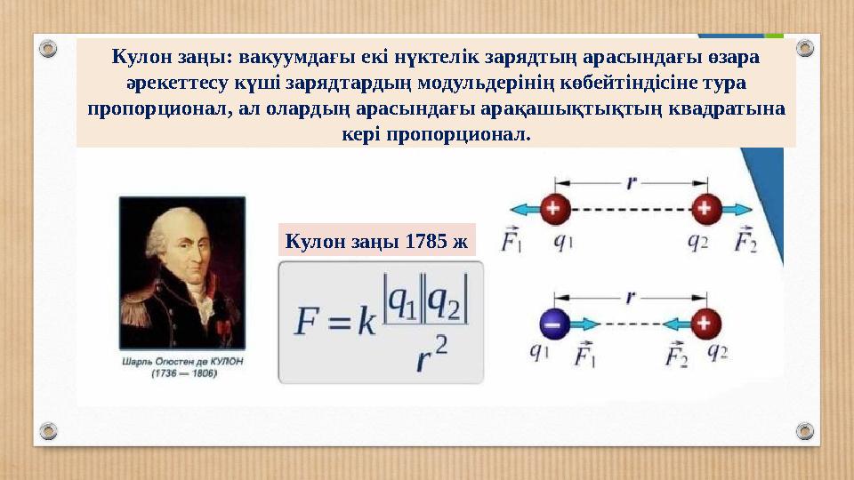 Кулон заңы 1785 ж Кулон заңы: вакуумдағы екі нүктелік зарядтың арасындағы өзара әрекеттесу күші зарядтардың модульдерінің көбей