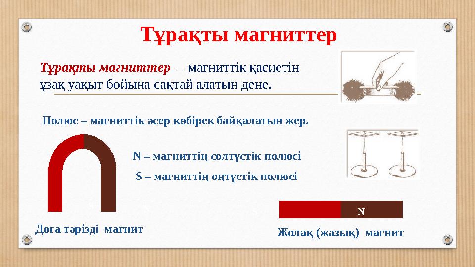 Тұрақты магниттер N – магниттің солтүстік полюсі S – магниттің оңтүстік полюсі Тұрақты магниттер – магниттік қасиетін ұзақ уа