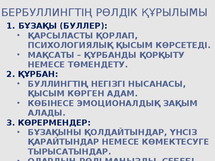 КИБЕРБУЛЛИНГТІҢ РӨЛДІК ҚҰРЫЛЫМЫ 1.БҰЗАҚЫ (БУЛЛЕР): •ҚАРСЫЛАСТЫ ҚОРЛАП, ПСИХОЛОГИЯЛЫҚ ҚЫСЫМ КӨРСЕТЕДІ. •МАҚСАТЫ – ҚҰРБАНДЫ ҚОРҚЫ