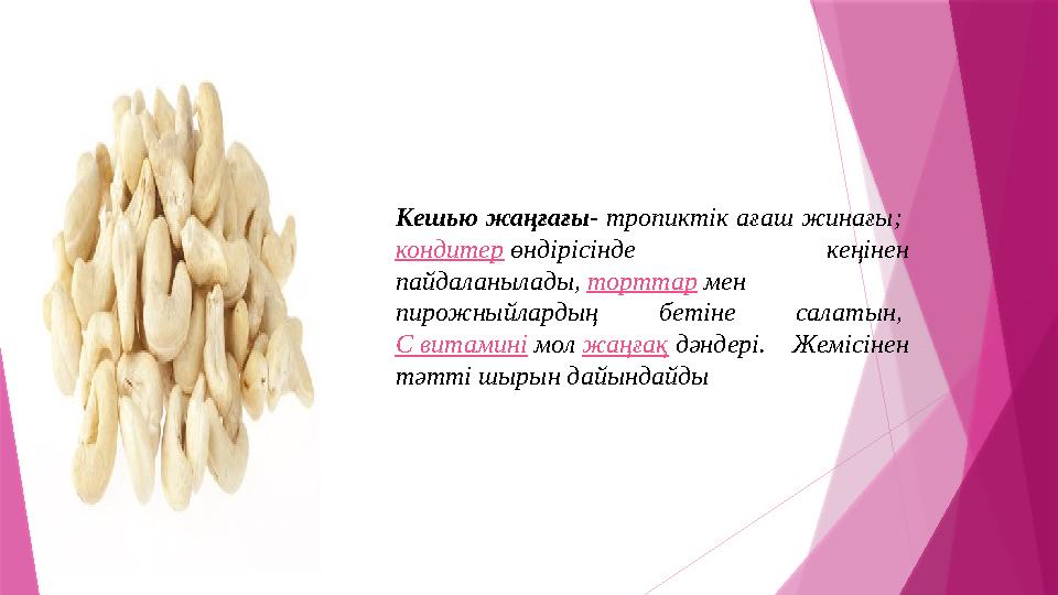 Кешью жаңғағы- тропиктік ағаш жинағы; кондитер өндірісінде кеңінен пайдаланылады, торттар мен пирожныйларды