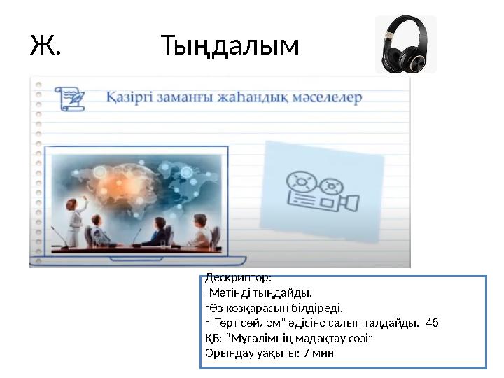 Ж. Тыңдалым Дескриптор: -Мәтінді тыңдайды. -Өз көзқарасын білдіреді. -“Төрт сөйлем” әдісіне салып талдайды. 4б