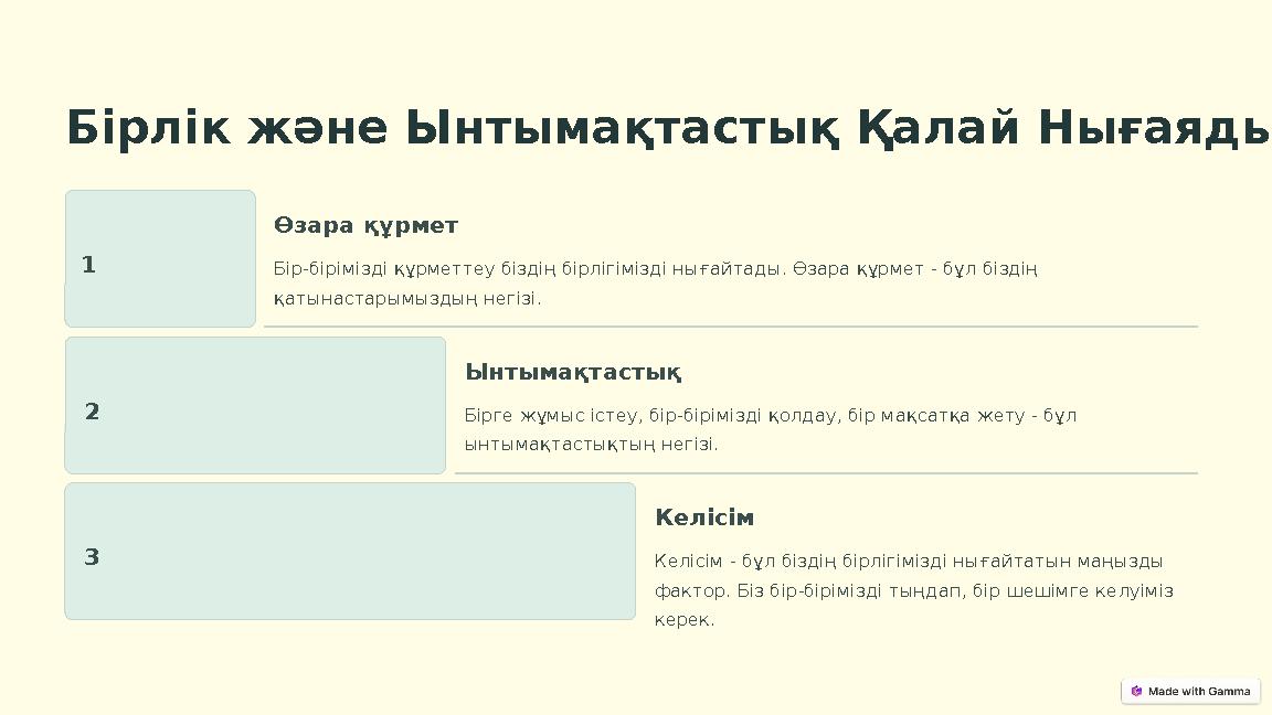 Бірлік және Ынтымақтастық Қалай Нығаяды 1 Өзара құрмет Бір-бірімізді құрметтеу біздің бірлігімізді нығайтады. Өзара құрмет - бұл