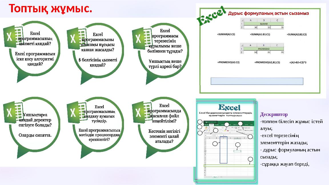 Топтық жұмыс. Дескриптор -топпен білесіп жұмыс істей алуы; -excel терезесінің элементтерін жазады; - дұрыс формуланың астын