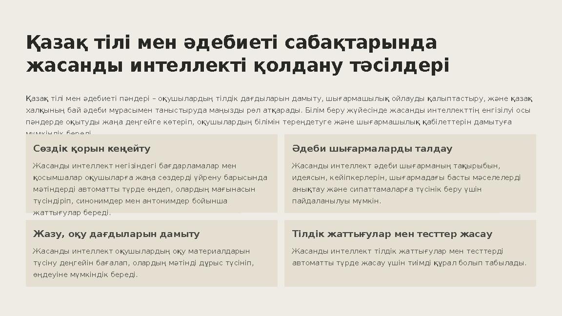 Қазақ тілі мен әдебиеті сабақтарында жасанды интеллекті қолдану тәсілдері Қазақ тілі мен әдебиеті пәндері – оқушылардың тілдік