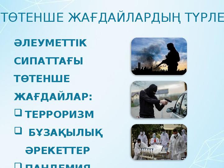 ТӨТЕНШЕ ЖАҒДАЙЛАРДЫҢ ТҮРЛЕРІ ӘЛЕУМЕТТІК СИПАТТАҒЫ ТӨТЕНШЕ ЖАҒДАЙЛАР: ТЕРРОРИЗМ  БҰЗАҚЫЛЫҚ ӘРЕКЕТТЕР ПАНДЕМИЯ.