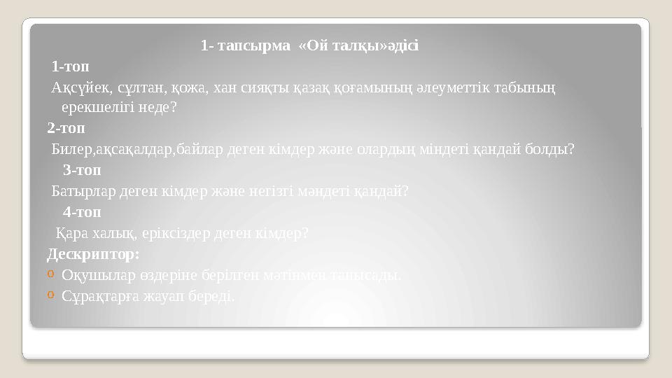 1- тапсырма «Ой талқы»әдісі 1-топ Ақсүйек, сұлтан, қожа, хан сияқты қазақ қоғамының әле