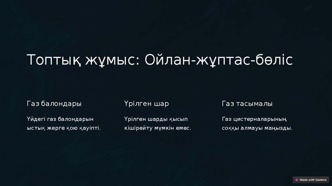 Топтық жұмыс: Ойлан-жұптас-бөліс Газ балондары Үйдегі газ балондарын ыстық жерге қою қауіпті. Үрілген шар Үрілген шарды қысып