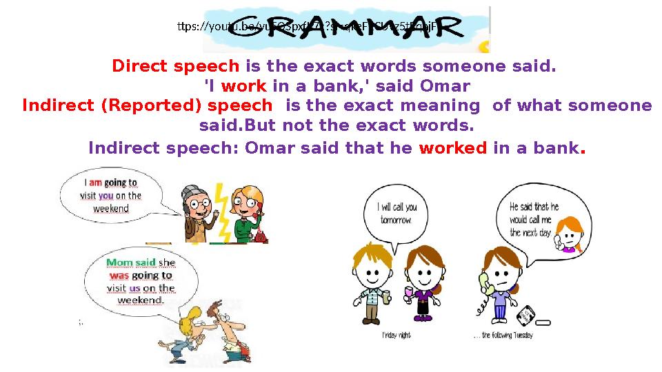 Direct speech is the exact words someone said. 'I work in a bank,' said Omar Indirect (Reported) speech is the exact meaning