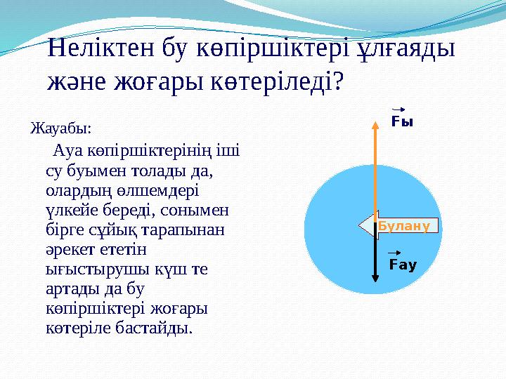 Неліктен бу көпіршіктері ұлғаяды және жоғары көтеріледі? Жауабы: Ауа көпіршіктерінің іші су буымен толады да, олардың өл