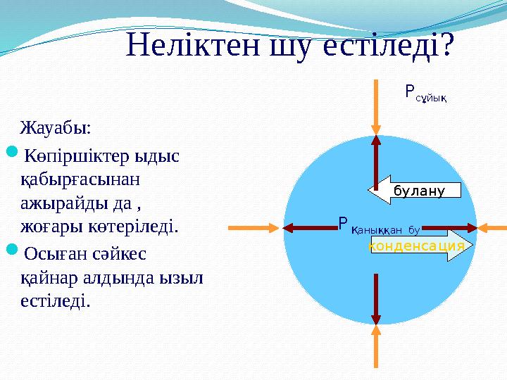 Неліктен шу естіледі? Жауабы: Көпіршіктер ыдыс қабырғасынан ажырайды да , жоғары көтеріледі. Осыған сәйкес қайнар алдын