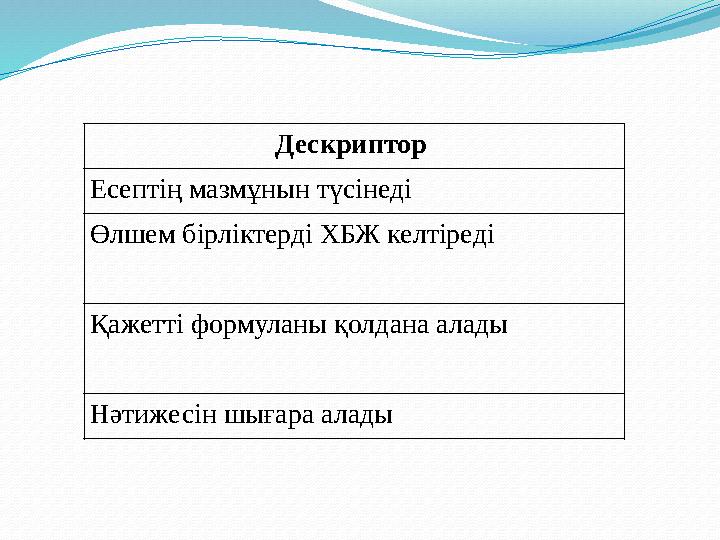 Дескриптор Есептің мазмұнын түсінеді Өлшем бірліктерді ХБЖ келтіреді Қажетті формуланы қолдана алады Нәтижесін шығара алады