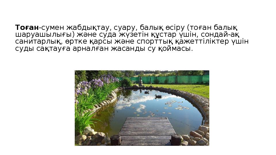 Тоған-сумен жабдықтау, суару, балық өсіру (тоған балық шаруашылығы) және суда жүзетін құстар үшін, сондай-ақ санитарлық, өртке