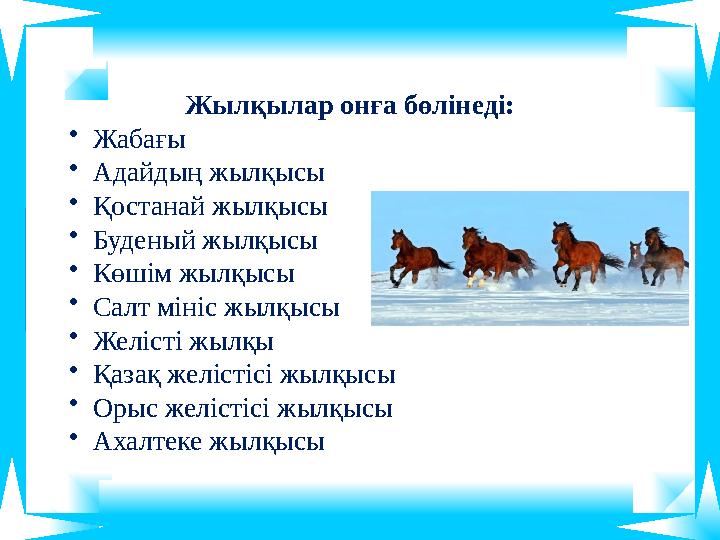 Жылқылар онға бөлінеді: • Жабағы • Адайдың жылқысы • Қостанай жылқысы • Буденый жылқысы • Көшім жылқысы • Салт мініс жылқысы • Ж Жылқылар онға бөлінеді: • Жабағы • Адайдың жылқысы • Қостанай жылқысы • Буденый жылқысы • Көшім жылқысы • Салт мініс жылқысы • Ж