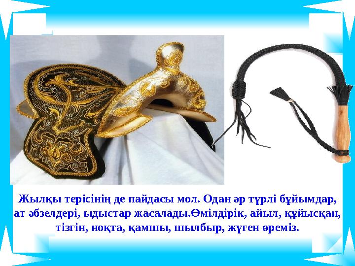 Жылқы терісінің де пайдасы мол. Одан әр түрлі бұйымдар, ат әбзелдері, ыдыстар жасалады.Өмілдірік, айыл, құйысқан, тізгін, ноқт Жылқы терісінің де пайдасы мол. Одан әр түрлі бұйымдар, ат әбзелдері, ыдыстар жасалады.Өмілдірік, айыл, құйысқан, тізгін, ноқт