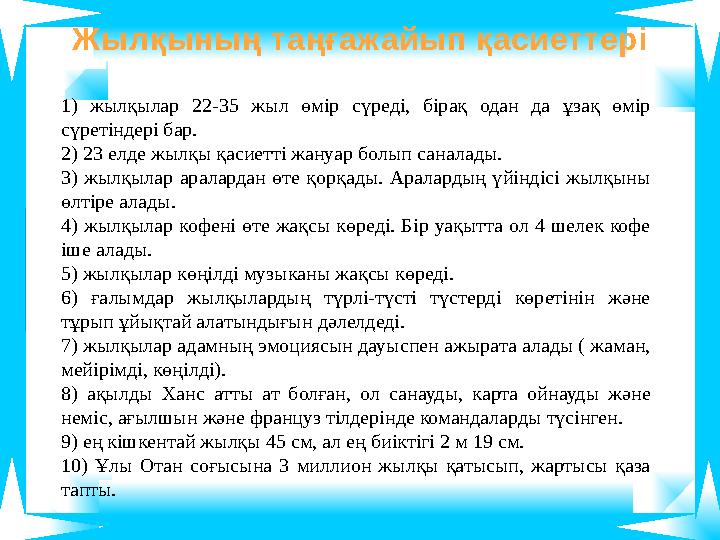 Жылқының таңғажайып қасиеттері 1) жылқылар 22-35 жыл өмір сүреді, бірақ одан да ұзақ өмір сүретіндері бар. 2) 23 елде жылқы қ Жылқының таңғажайып қасиеттері 1) жылқылар 22-35 жыл өмір сүреді, бірақ одан да ұзақ өмір сүретіндері бар. 2) 23 елде жылқы қ